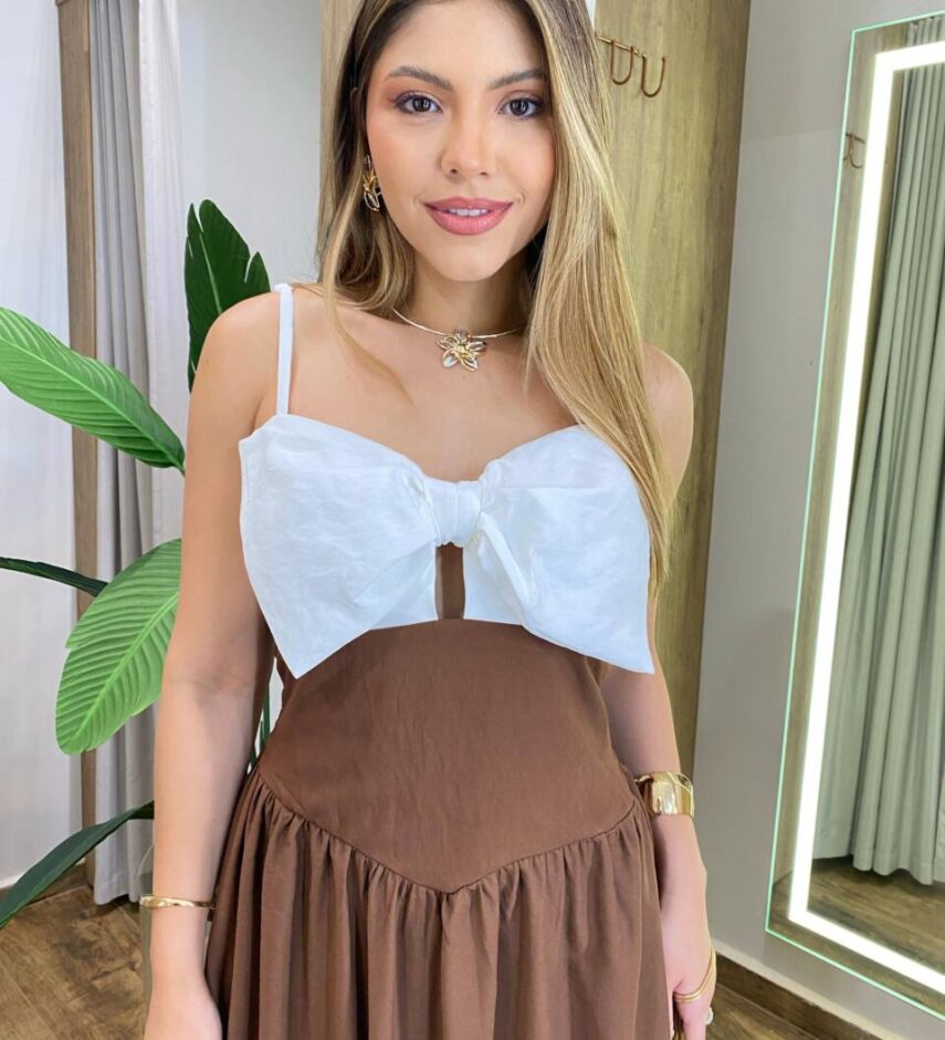 Vestido Midi Penélope com Bojo Detalhe do Laço Marrom e Branco - Fernanda Ramos Store
