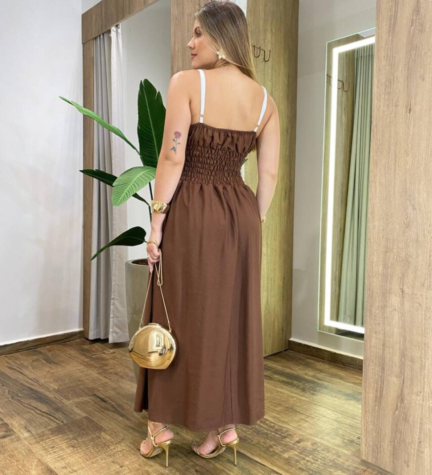 Vestido Midi Penélope com Bojo Detalhe do Laço Marrom e Branco - Fernanda Ramos Store