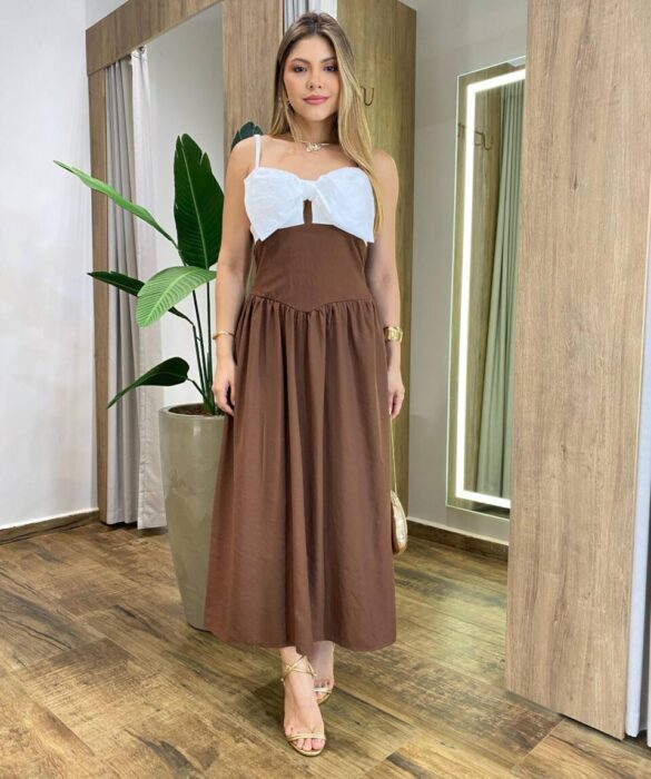 Vestido Midi Penélope com Bojo Detalhe do Laço Marrom e Branco - Fernanda Ramos Store