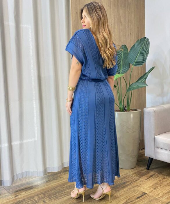 Vestido Midi sem Bojo Tricot Modal Rayon com Amarração Azul - Fernanda Ramos Store