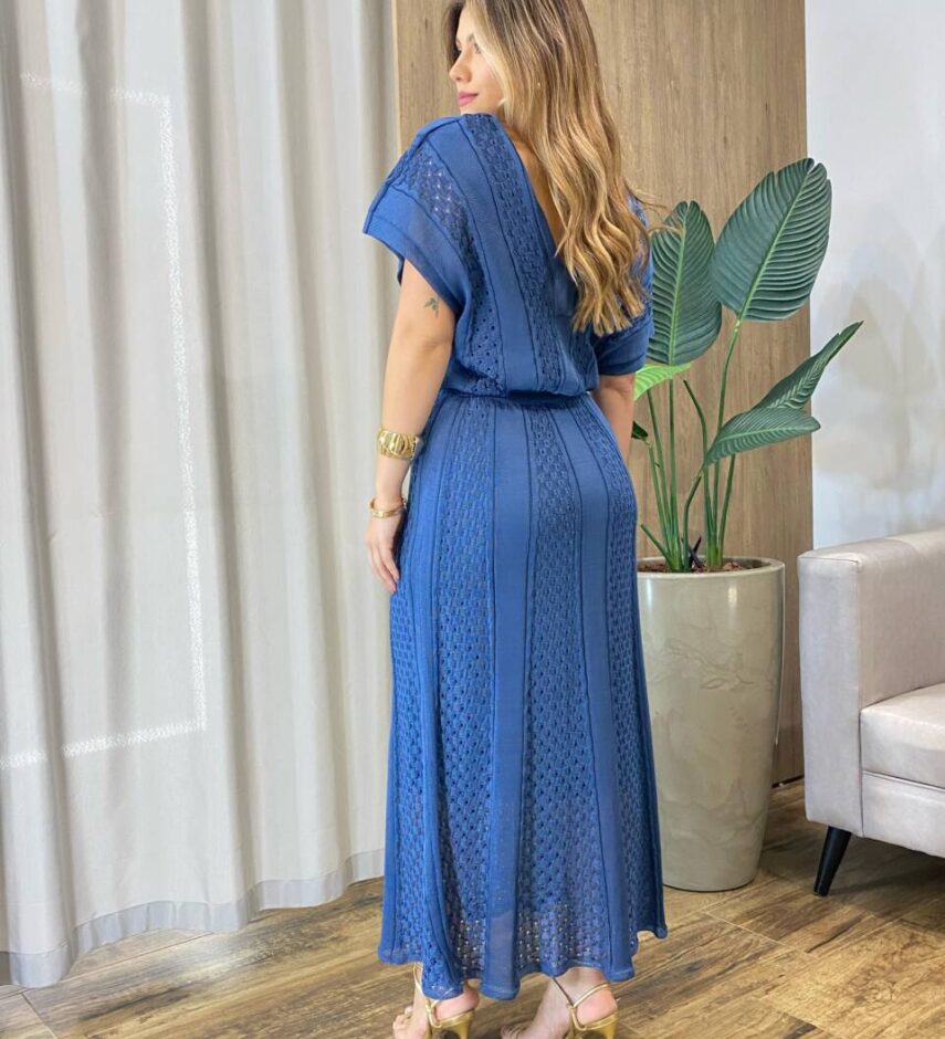 Vestido Midi sem Bojo Tricot Modal Rayon com Amarração Azul - Fernanda Ramos Store