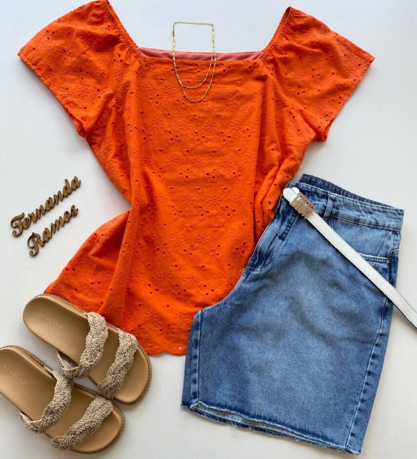 Blusa Feminina Manga Curta Plus em Laise Coral - Fernanda Ramos Store