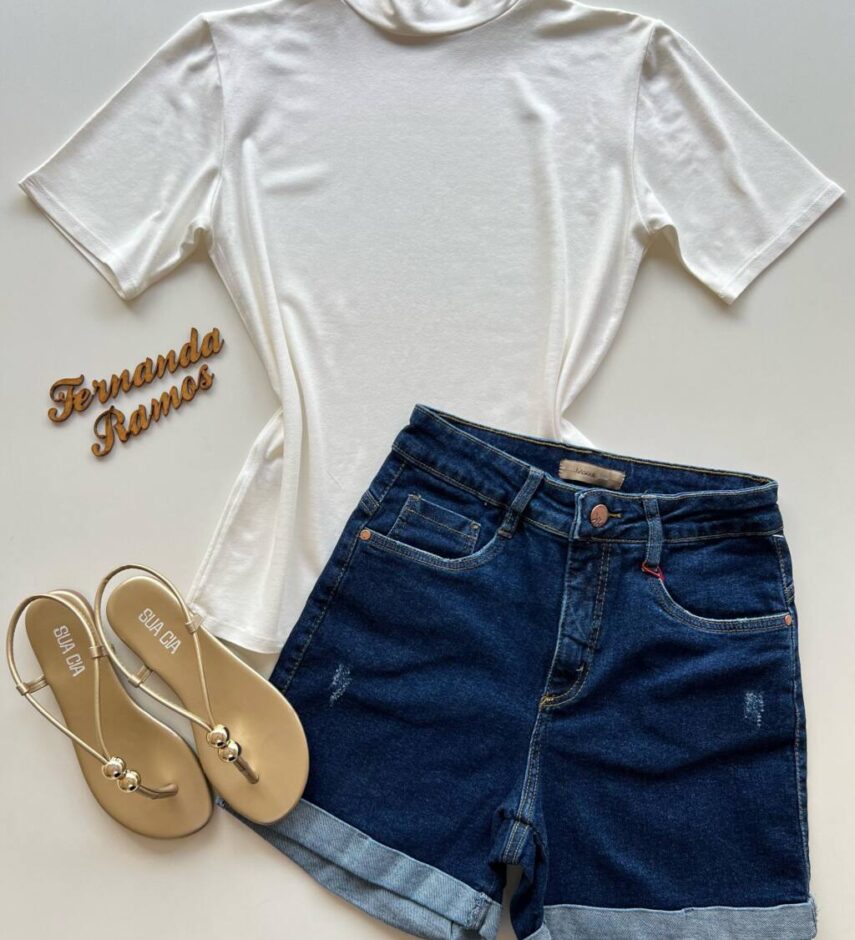 Blusa Feminina Marsha Malha Manga Curta e Gola Alta Off White - Fernanda Ramos Store