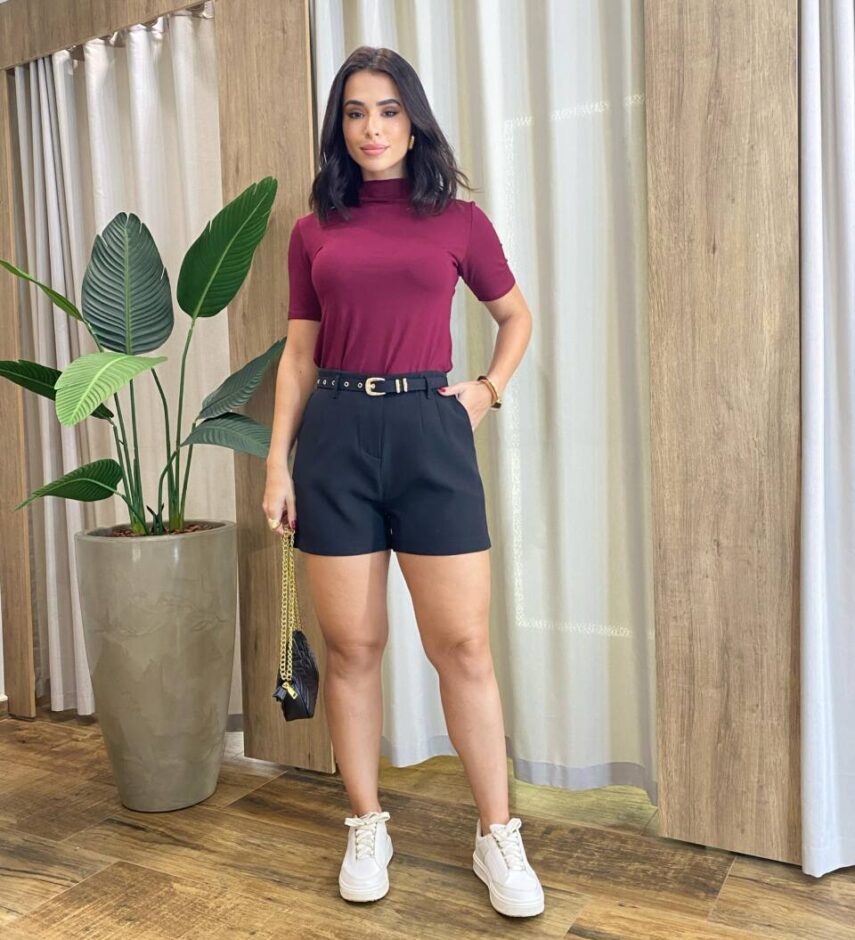 Blusa Feminina Marsha Malha Manga Curta e Gola Alta Vinho - Fernanda Ramos Store