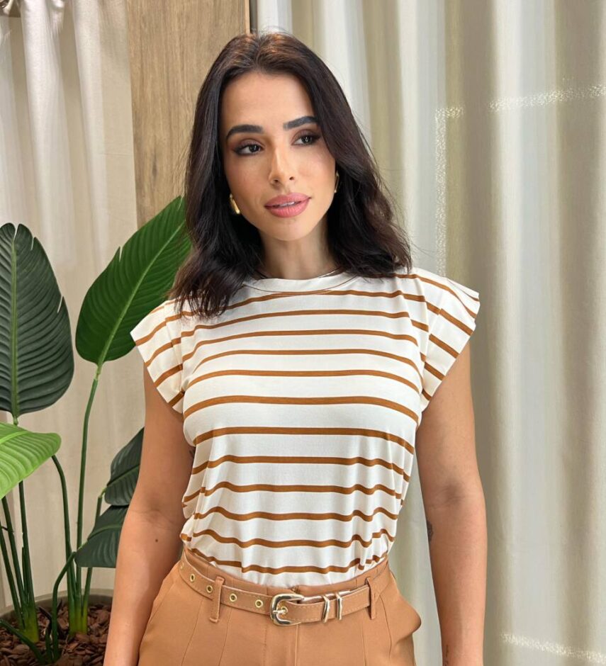 Blusa Feminina Tee Muscle Dudah Listras Caramelo - Fernanda Ramos Store
