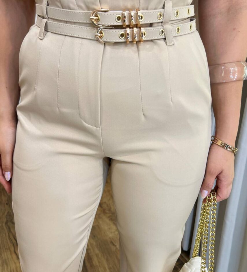 Calça Feminina Fernanda Alfaiataria Nude com Cinto Duplo - Fernanda Ramos Store