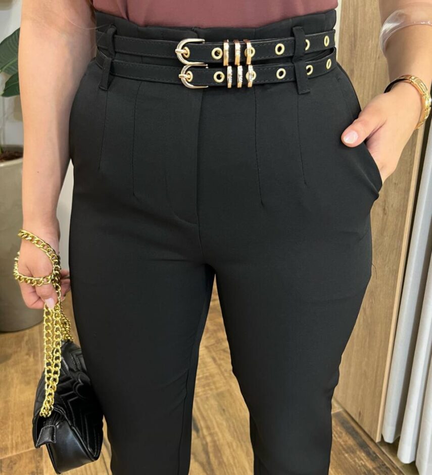 Calça Feminina Fernanda Alfaiataria Preta com Cinto Duplo - Fernanda Ramos Store