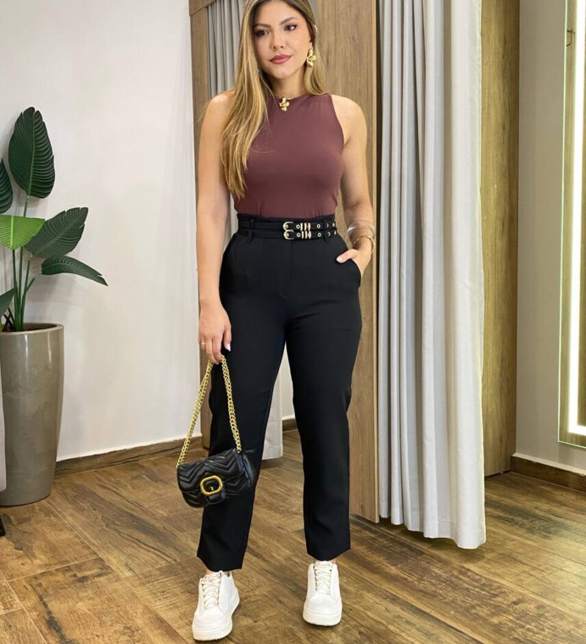 Calça Feminina Fernanda Alfaiataria Preta com Cinto Duplo - Fernanda Ramos Store