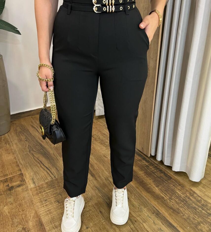 Calça Feminina Fernanda Alfaiataria Preta com Cinto Duplo - Fernanda Ramos Store