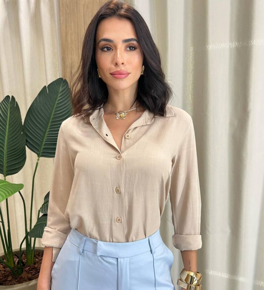 Camisa Feminina Social Básica Ana Manga Longa Bege - Fernanda Ramos Store