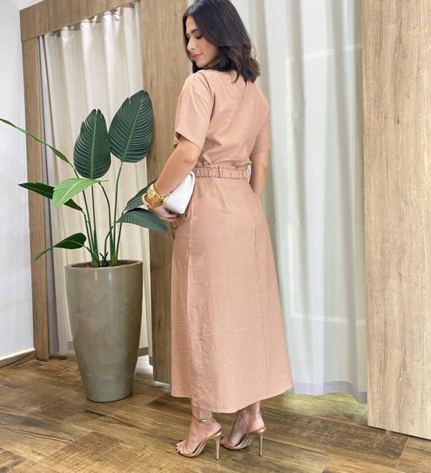 Conjunto Carol Blusa Manga Curta e Saia Midi com Cinto Bege - Fernanda Ramos Store