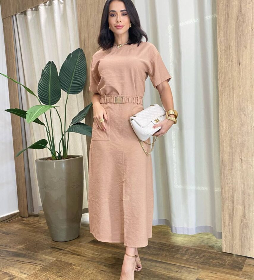 Conjunto Carol Blusa Manga Curta e Saia Midi com Cinto Bege - Fernanda Ramos Store