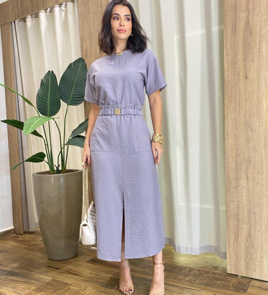 Conjunto Carol Blusa Manga Curta e Saia Midi com Cinto Cinza - Fernanda Ramos Store