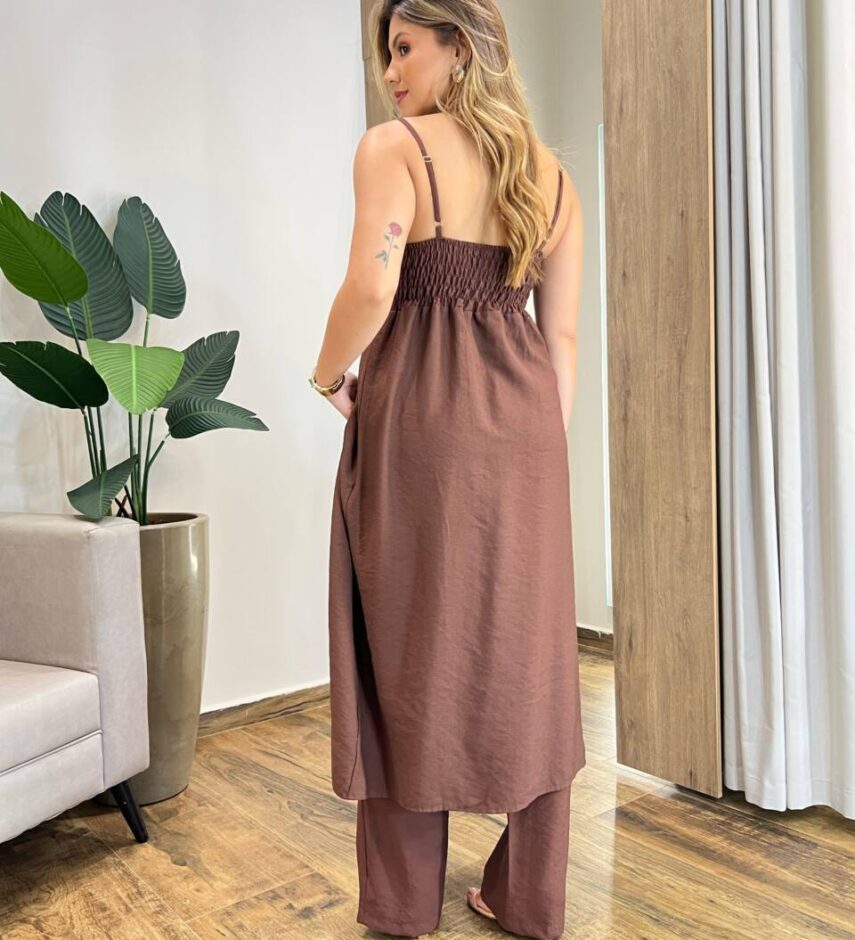 Conjunto Feminino Bata Mullet com Bojo e Calça Boho Marrom - Fernanda Ramos Store