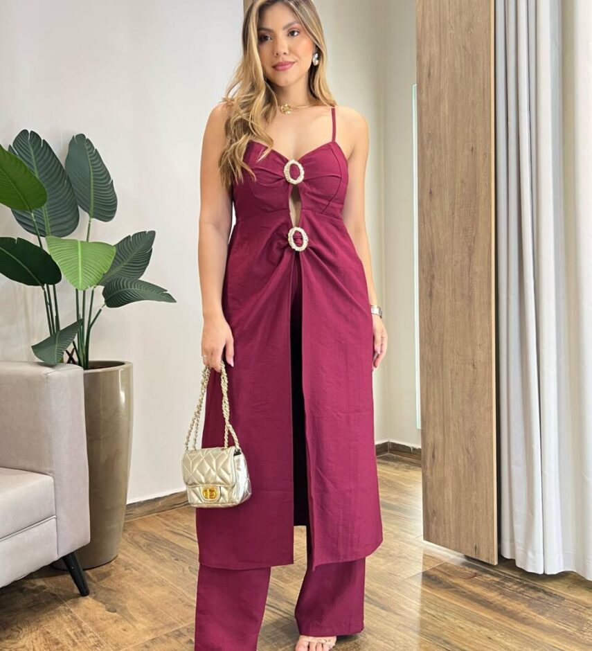 Conjunto Feminino Bata Mullet com Bojo e Calça Boho Marsala - Fernanda Ramos Store