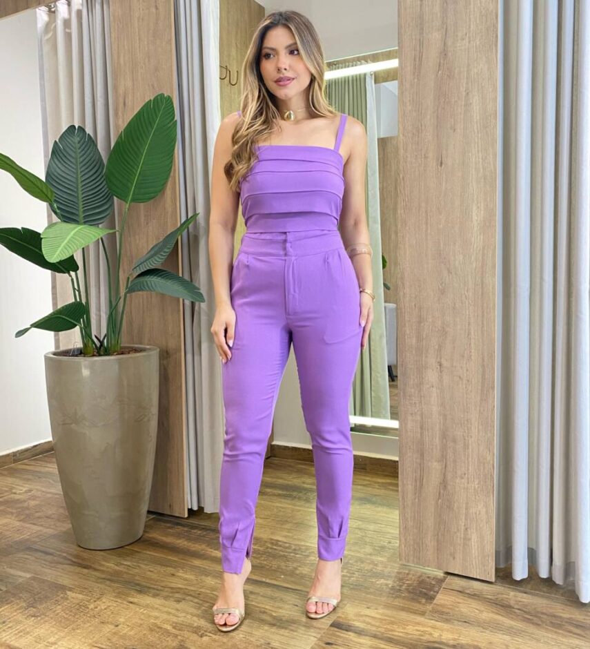 Conjunto Feminino Cropped sem Bojo em Camadas e Calça Lilás - Fernanda Ramos Store