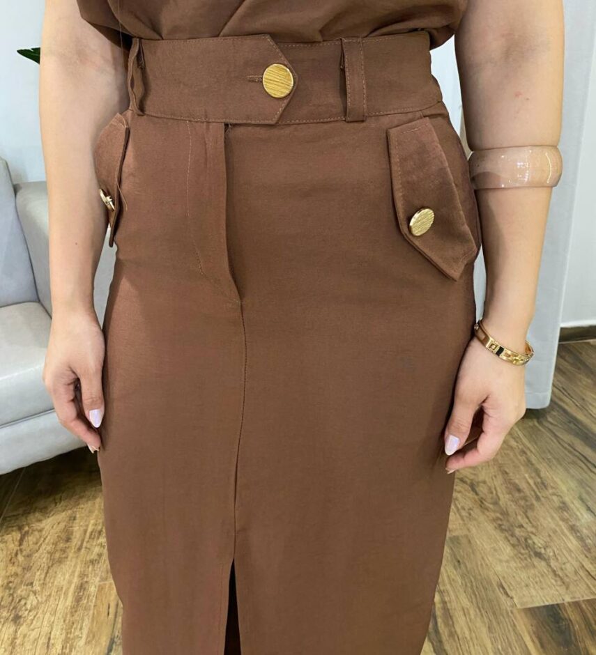 Conjunto Feminino Juliana Regata e Saia Midi Marrom com Botões - Fernanda Ramos Store