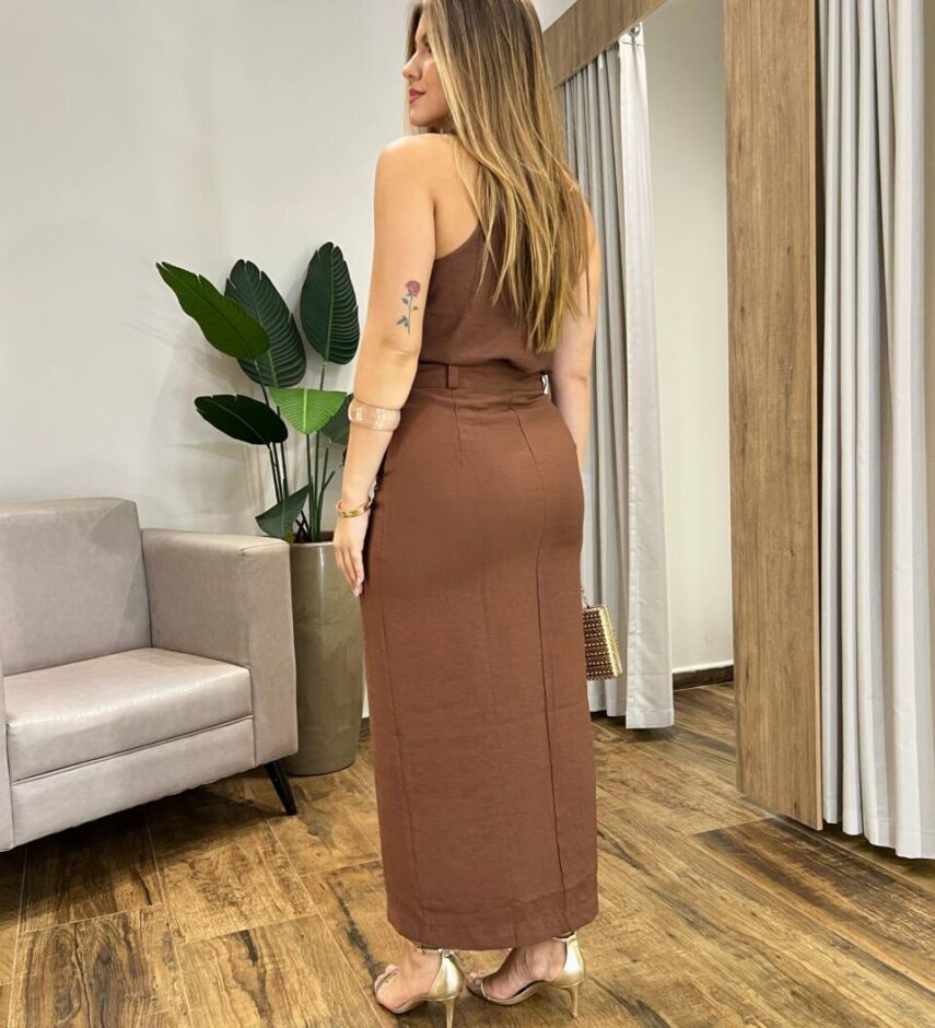 Conjunto Feminino Juliana Regata e Saia Midi Marrom com Botões - Fernanda Ramos Store