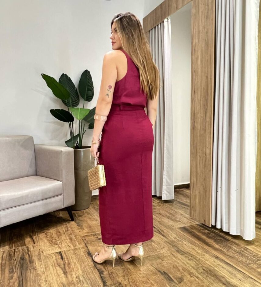 Conjunto Feminino Juliana Regata e Saia Midi Marsala com Botões - Fernanda Ramos Store