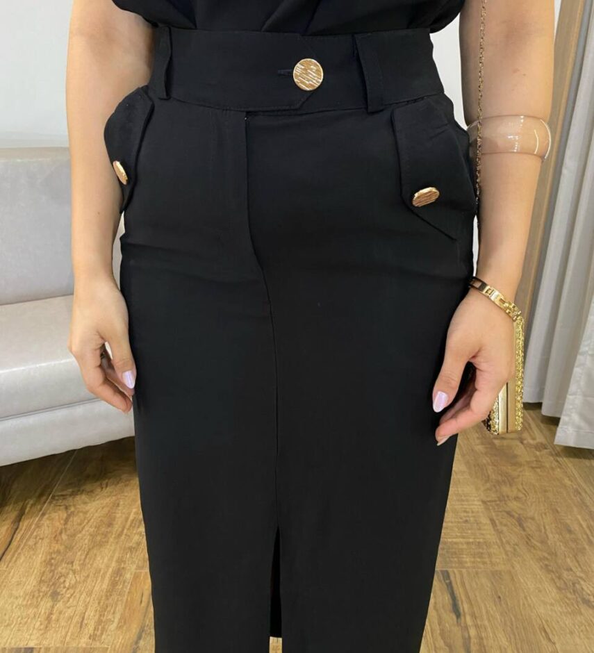 Conjunto Feminino Juliana Regata e Saia Midi Preta com Botões - Fernanda Ramos Store