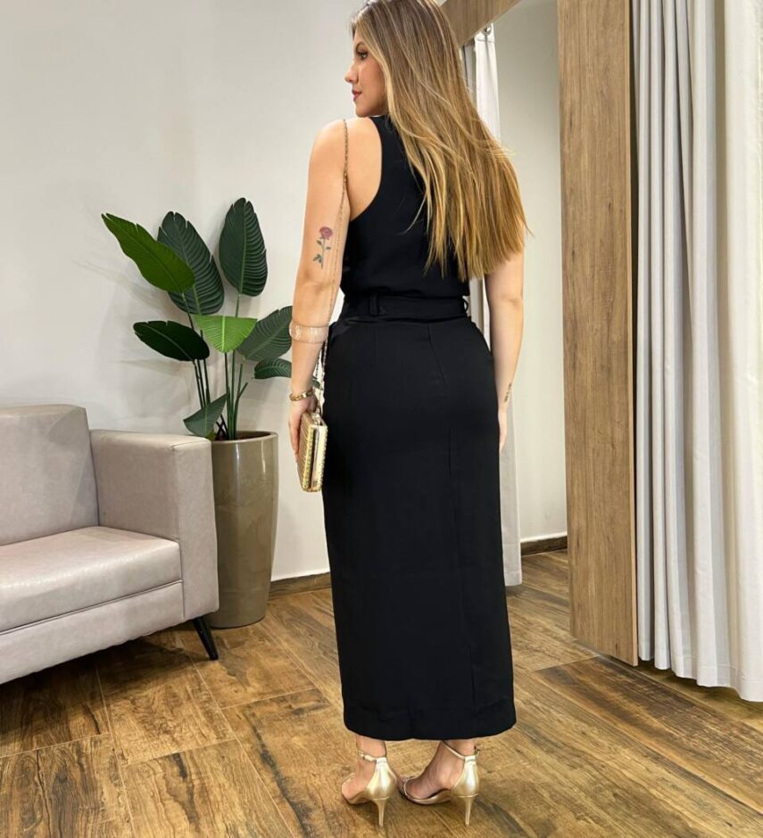 Conjunto Feminino Juliana Regata e Saia Midi Preta com Botões - Fernanda Ramos Store