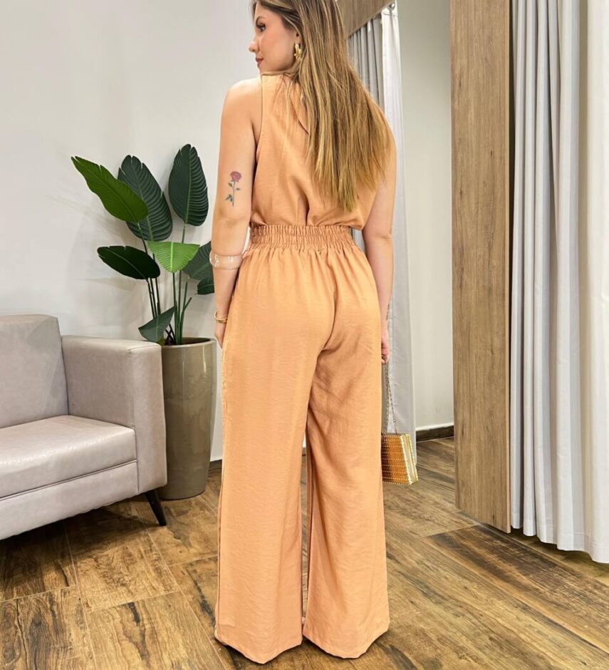 Conjunto Feminino Marina Regata e Calça Pantalona com Zíper Bege - Fernanda Ramos Store