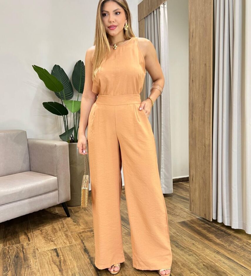 Conjunto Feminino Marina Regata e Calça Pantalona com Zíper Bege - Fernanda Ramos Store
