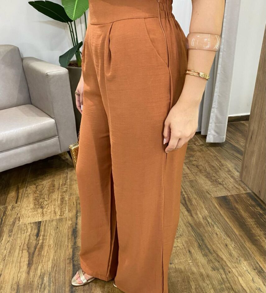 Conjunto Feminino Marina Regata e Calça Pantalona com Zíper Caramelo - Fernanda Ramos Store