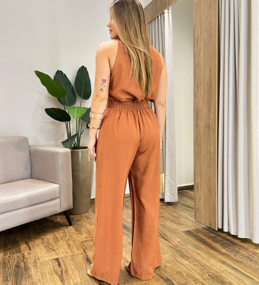 Conjunto Feminino Marina Regata e Calça Pantalona com Zíper Caramelo - Fernanda Ramos Store