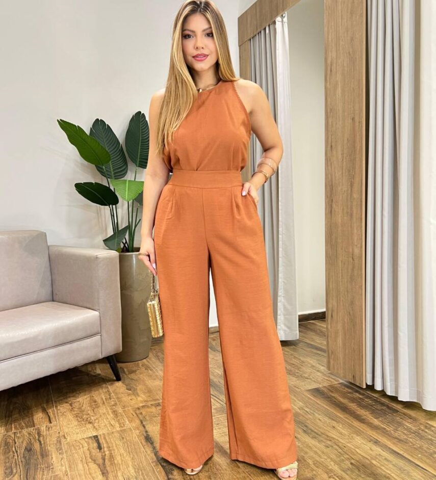 Conjunto Feminino Marina Regata e Calça Pantalona com Zíper Caramelo - Fernanda Ramos Store