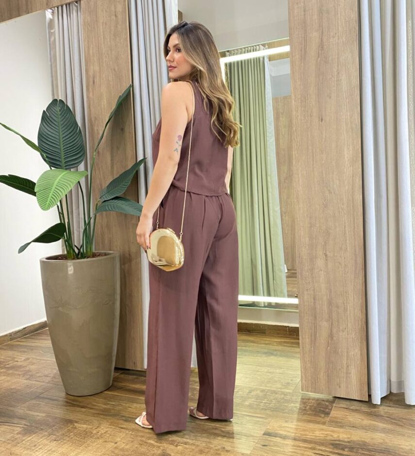Conjunto Feminino Marina Regata e Calça Pantalona com Zíper Marrom - Fernanda Ramos Store