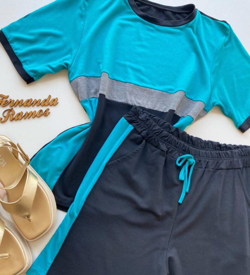 Conjunto Feminino Plus Blusa Manga Curta e Short Moletinho Azul - Fernanda Ramos Store