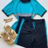 Conjunto Feminino Plus Blusa Manga Curta e Short Moletinho Azul - Fernanda Ramos Store