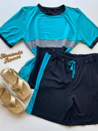 Conjunto Feminino Plus Blusa Manga Curta e Short Moletinho Azul - Fernanda Ramos Store