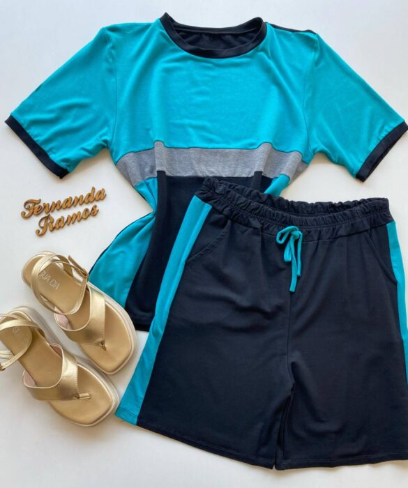 Conjunto Feminino Plus Blusa Manga Curta e Short Moletinho Azul - Fernanda Ramos Store