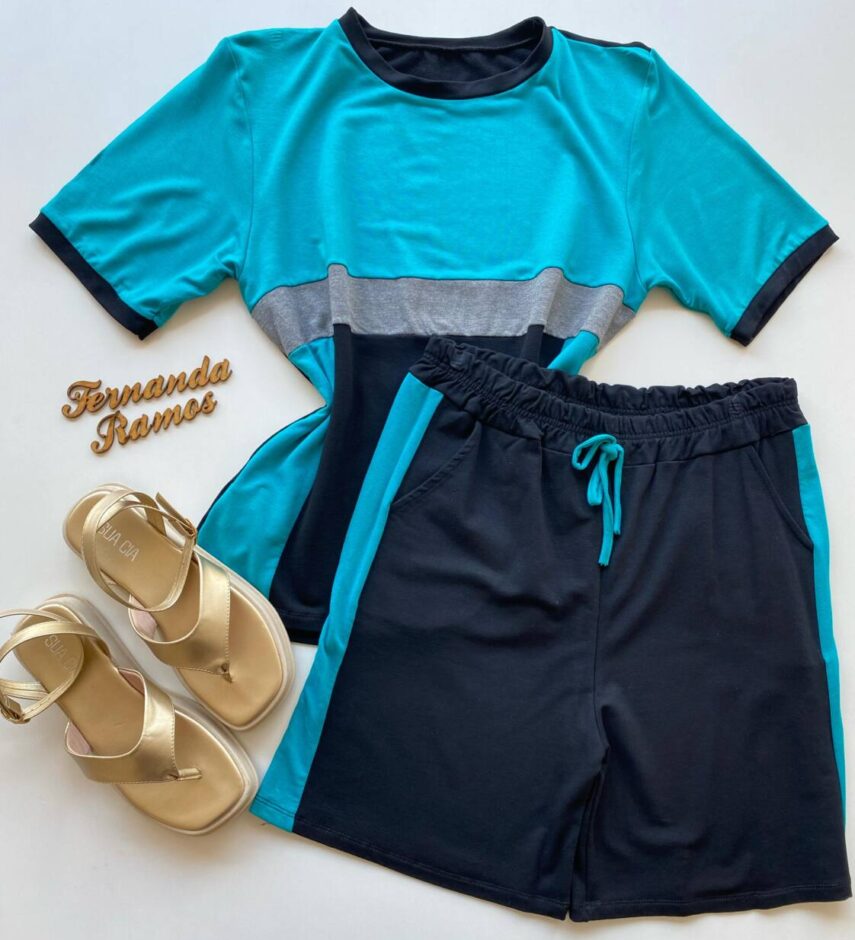 Conjunto Feminino Plus Blusa Manga Curta e Short Moletinho Azul - Fernanda Ramos Store