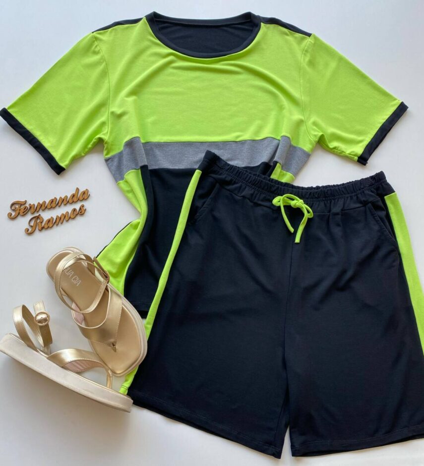 Conjunto Feminino Plus Blusa Manga Curta e Short Moletinho Verde - Fernanda Ramos Store