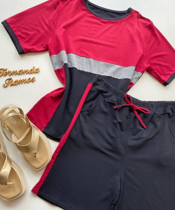 Conjunto Feminino Plus Blusa Manga Curta e Short Moletinho Vinho - Fernanda Ramos Store