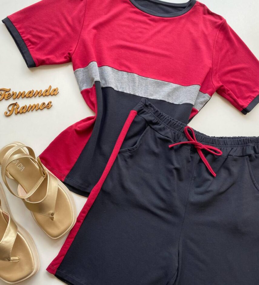 Conjunto Feminino Plus Blusa Manga Curta e Short Moletinho Vinho - Fernanda Ramos Store