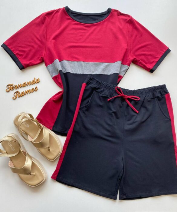 Conjunto Feminino Plus Blusa Manga Curta e Short Moletinho Vinho - Fernanda Ramos Store