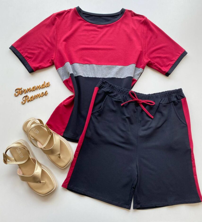 Conjunto Feminino Plus Blusa Manga Curta e Short Moletinho Vinho - Fernanda Ramos Store