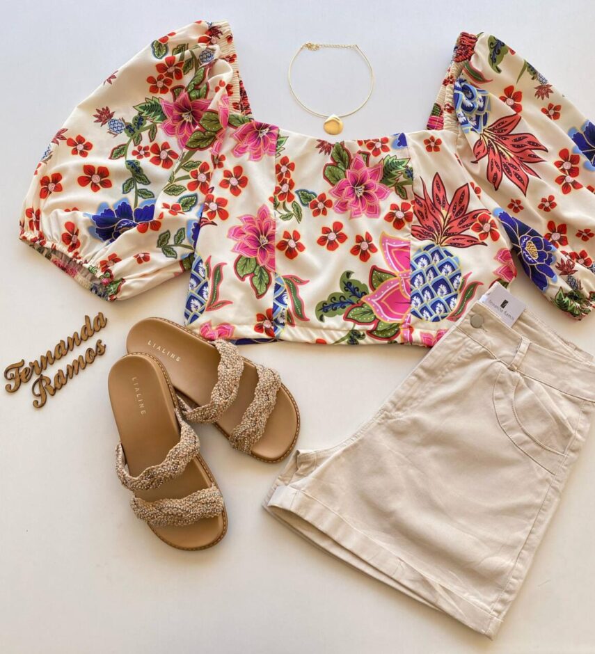 Cropped Feminino sem Bojo Plus com Lastex Estampa Floral - Fernanda Ramos Store