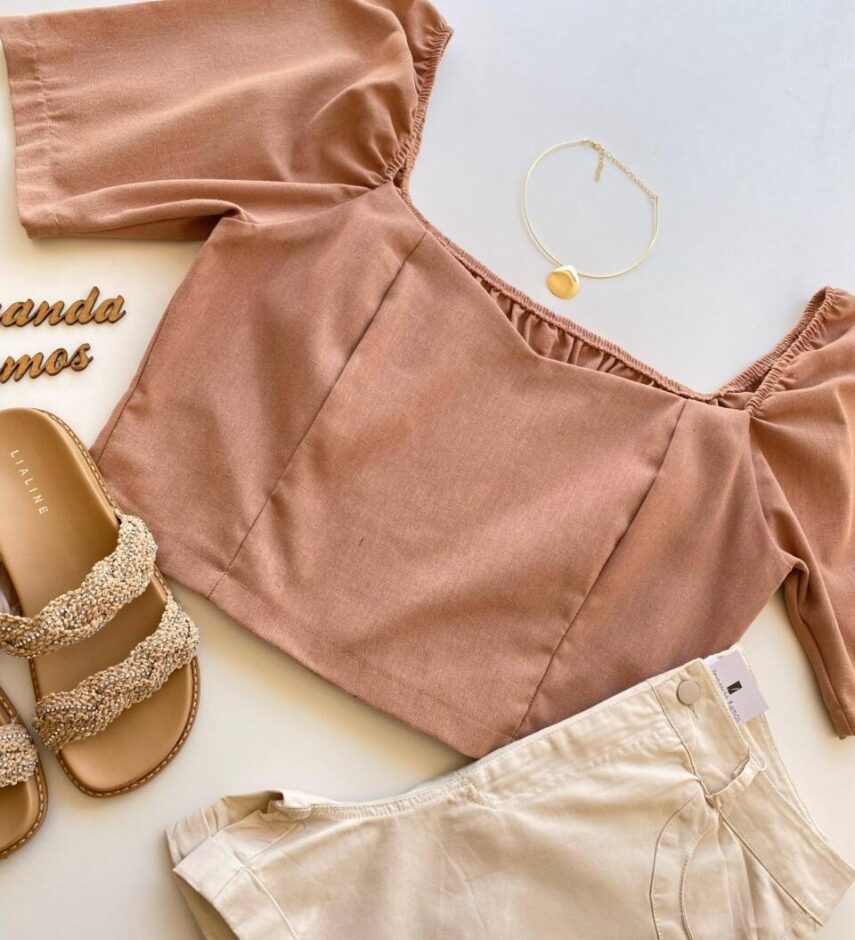 Cropped Feminino sem Bojo Plus Viscolinho com Lastex Bege - Fernanda Ramos Store