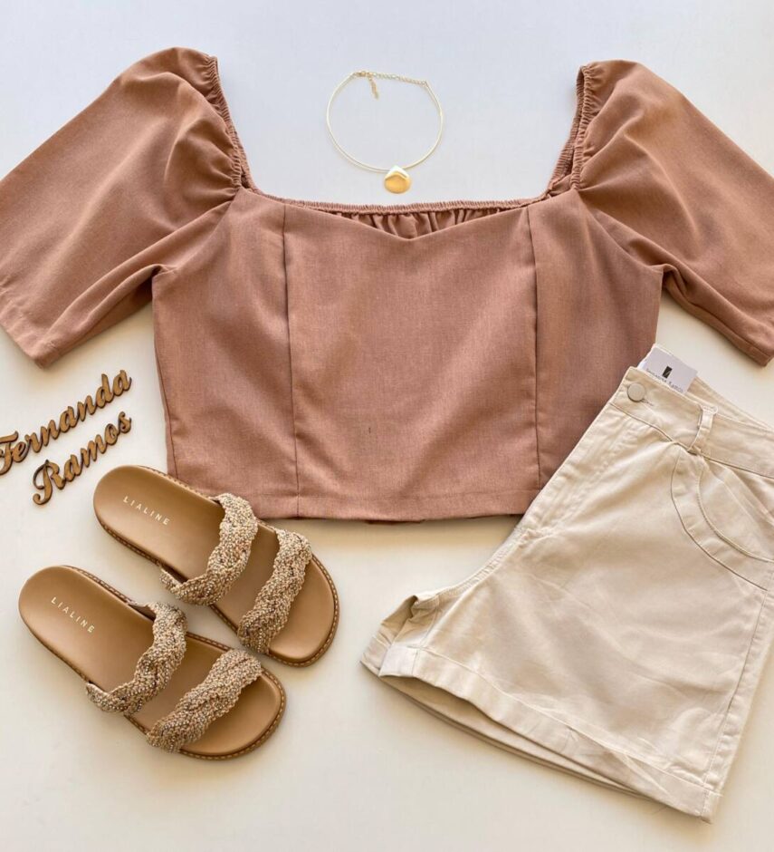 Cropped Feminino sem Bojo Plus Viscolinho com Lastex Bege - Fernanda Ramos Store