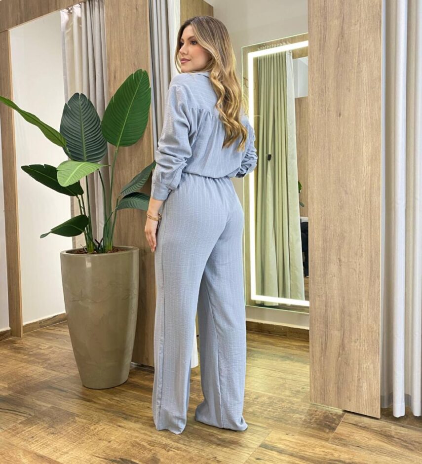 Macacão Feminino sem Bojo Sirena Manga Longa Listrado Cinza Claro - Fernanda Ramos Store