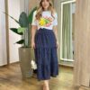 Saia Midi Cassia em Laise Azul Marinho - Fernanda Ramos Store
