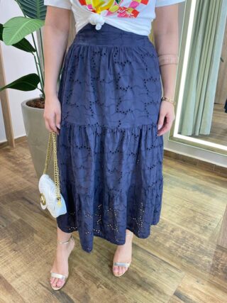 Saia Midi Cassia em Laise Azul Marinho - Fernanda Ramos Store