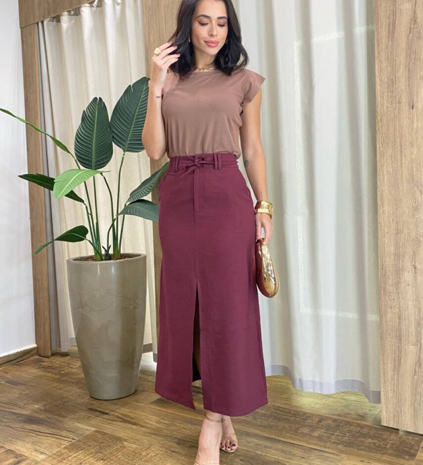 Saia Midi Feminina Alfaiataria Elisa Fenda Frontal Marsala - Fernanda Ramos Store