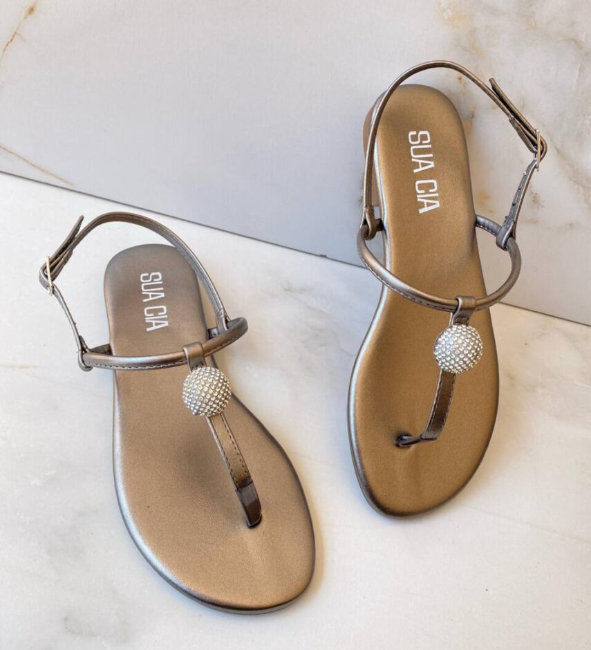 Sandália Rasteira Feminina Flat com Esfera Brilhante Chumbo - Fernanda Ramos Store