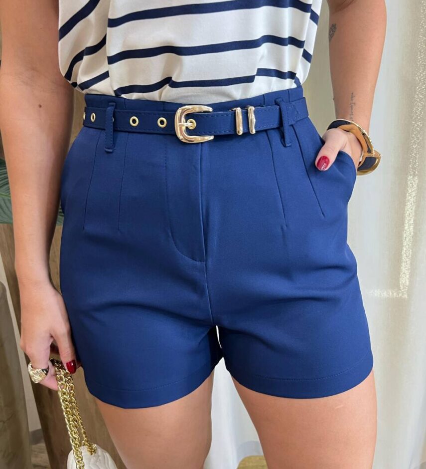 Short Feminino Alfaiataria Mabel com Bolsos e Cinto Azul - Fernanda Ramos Store